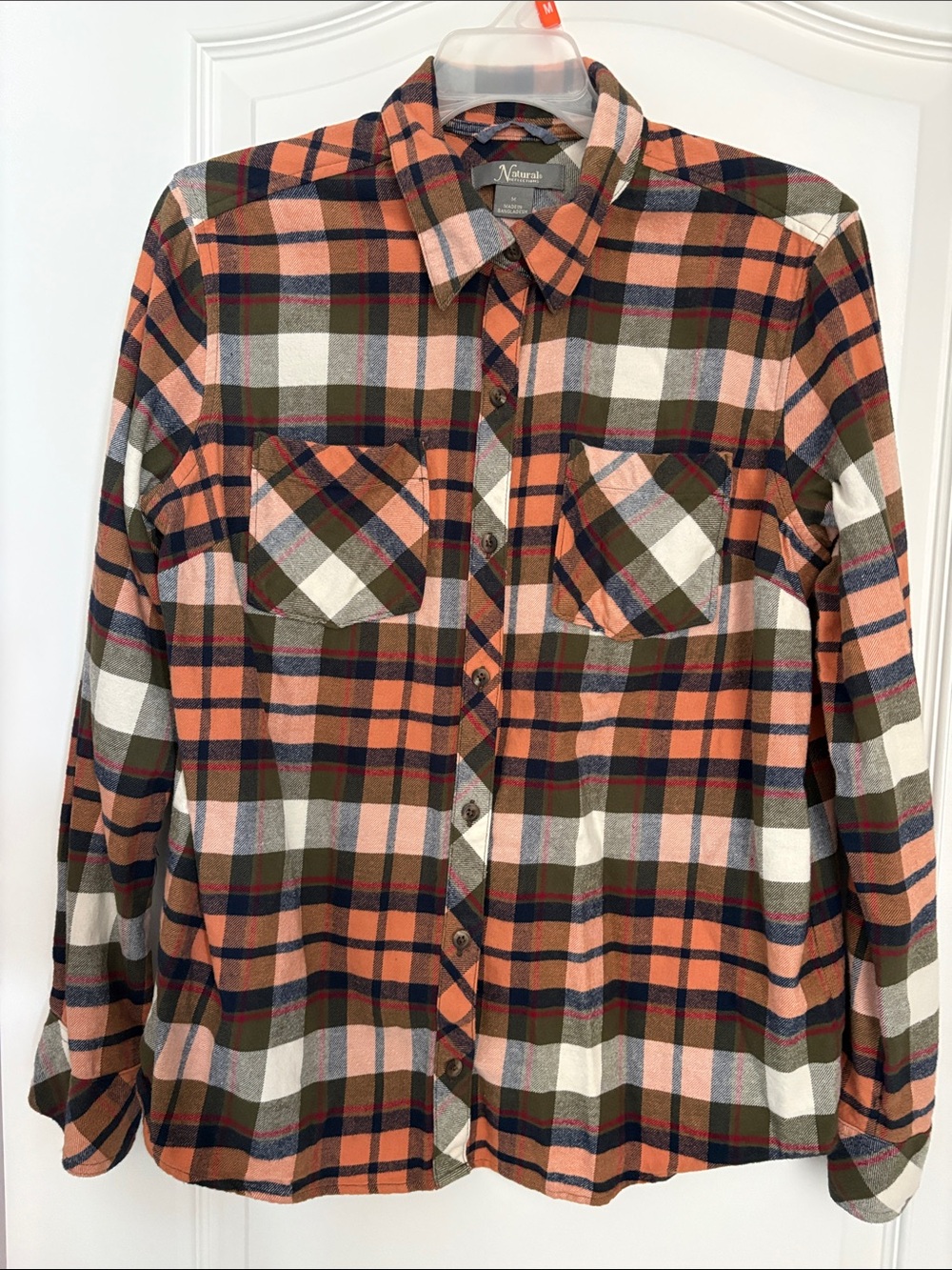 Never Worn Natural Reflections Peach, Olive & Navy Plaid Flannel Shirt